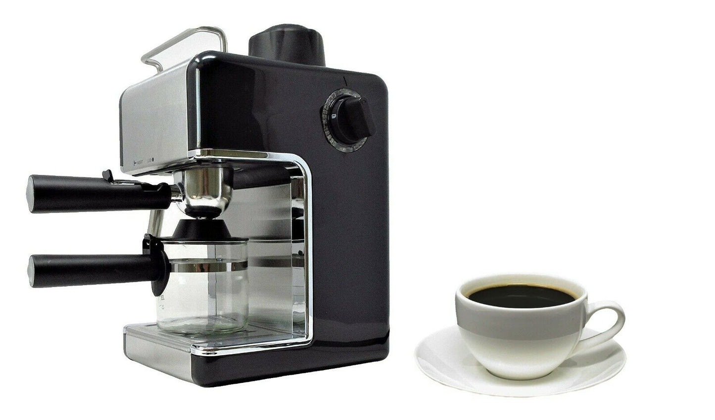 Black Espresso 4 Cup Coffee Machine with milk steamer