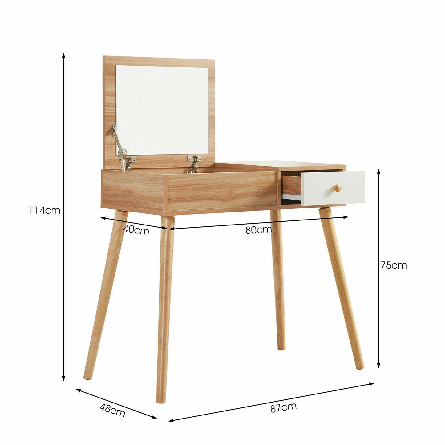 Wooden Makeup Desk with Hidden Mirror and Padded Stool