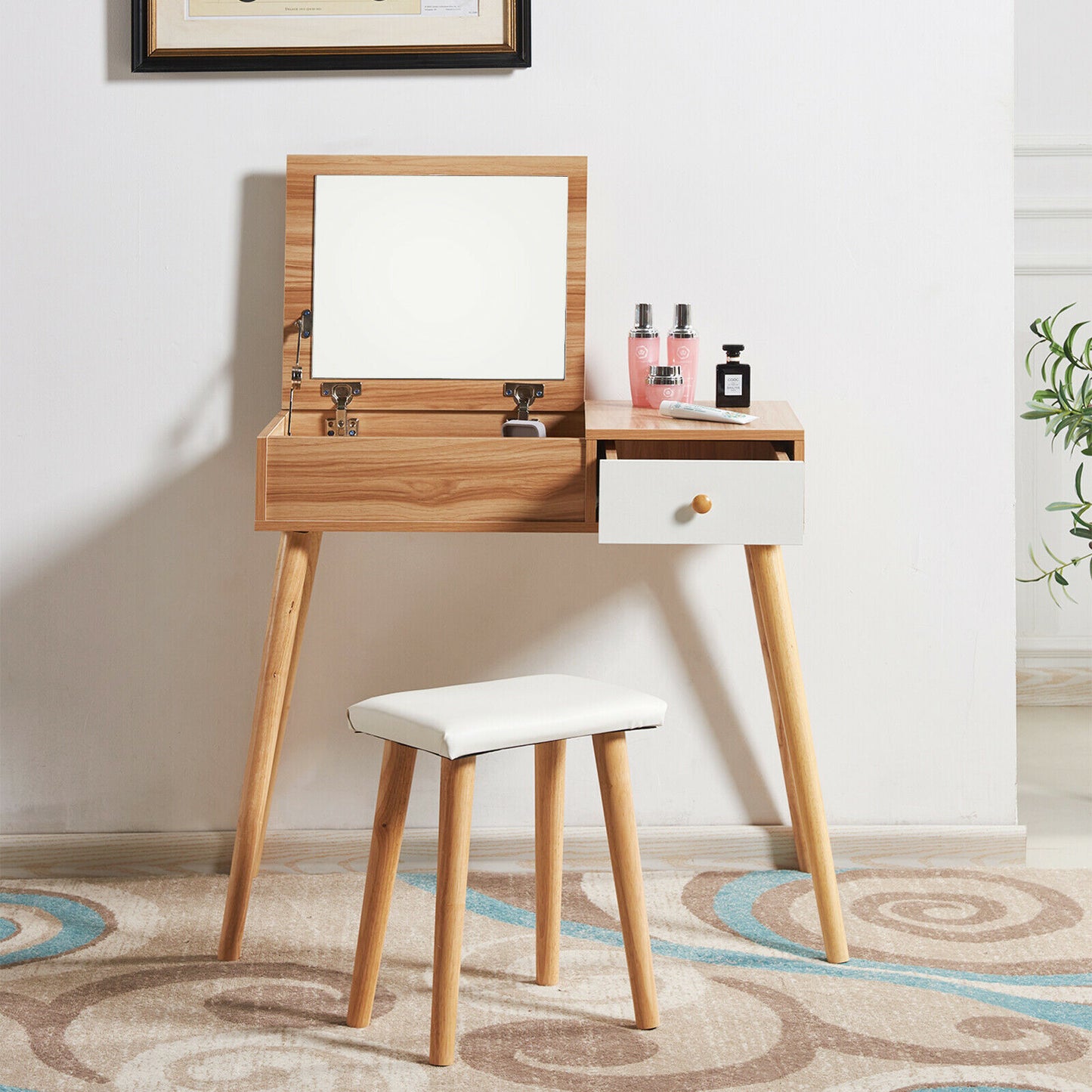 Wooden Makeup Desk with Hidden Mirror and Padded Stool