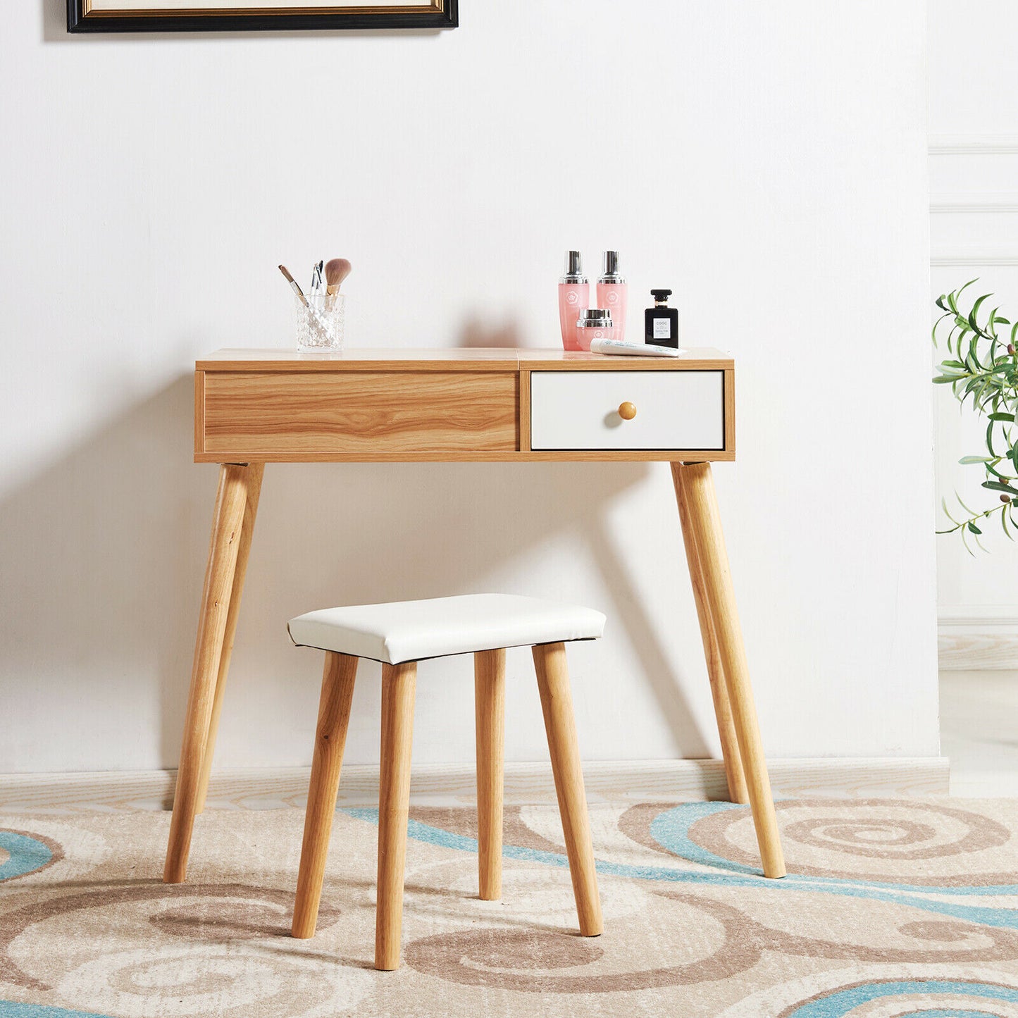 Wooden Makeup Desk with Hidden Mirror and Padded Stool