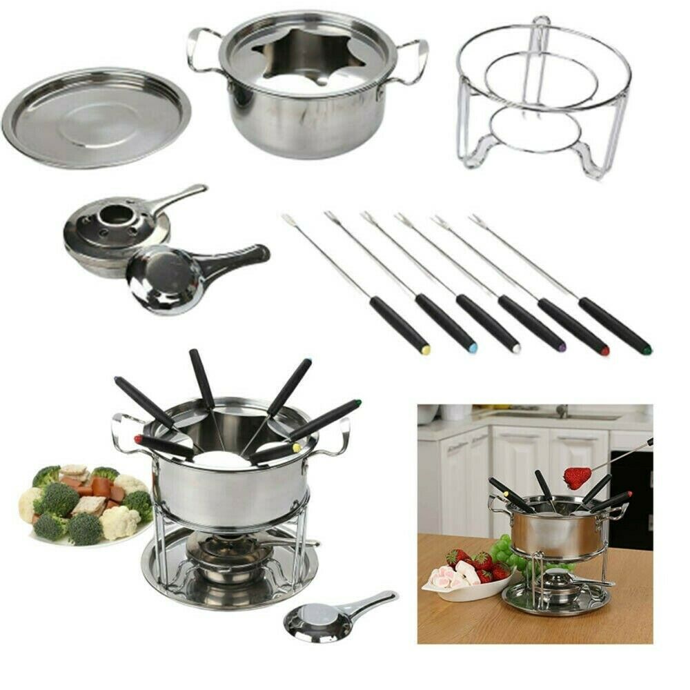 Stainless Steel Fondue Set Fondue Pot 6 Forks with Fuel Burner