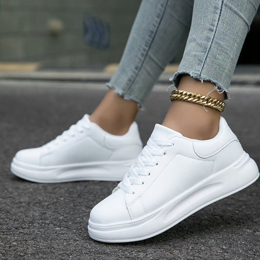 Ladies' Leather Sneakers - White Low Trainers for Women, Comfortable Leather Footwear, Stylish Casual Shoes