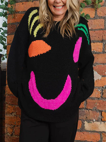 Smiley Knit™ | Women's Colorful Loose Pullover Sweater | Soft Knit Fabric, Fun Smiley Face Design, Relaxed Fit