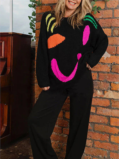 Smiley Knit™ | Women's Colorful Loose Pullover Sweater | Soft Knit Fabric, Fun Smiley Face Design, Relaxed Fit