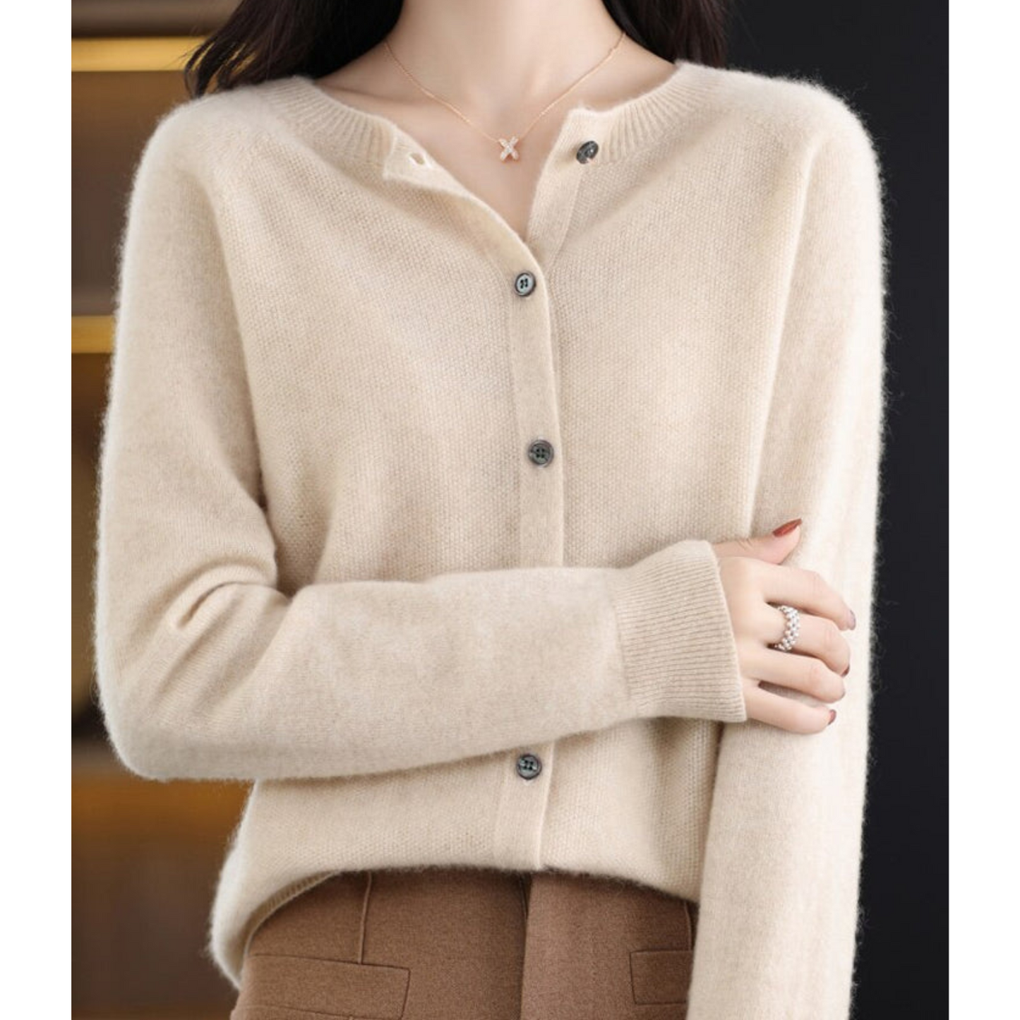 Pure Wool Women's O-neck Cardigan Cashmere Sweater