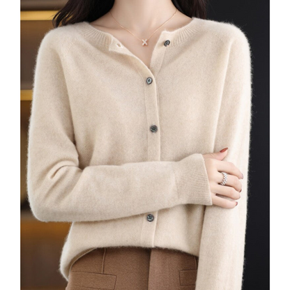 Pure Wool Women's O-neck Cardigan Cashmere Sweater