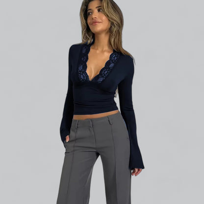 Low-Cut V-Neck Flare Lace Long Sleeve Shirt | Women's Fashion Top, Lightweight, Stylish Design for Everyday Wear