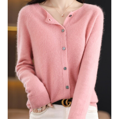 Pure Wool Women's O-neck Cardigan Cashmere Sweater