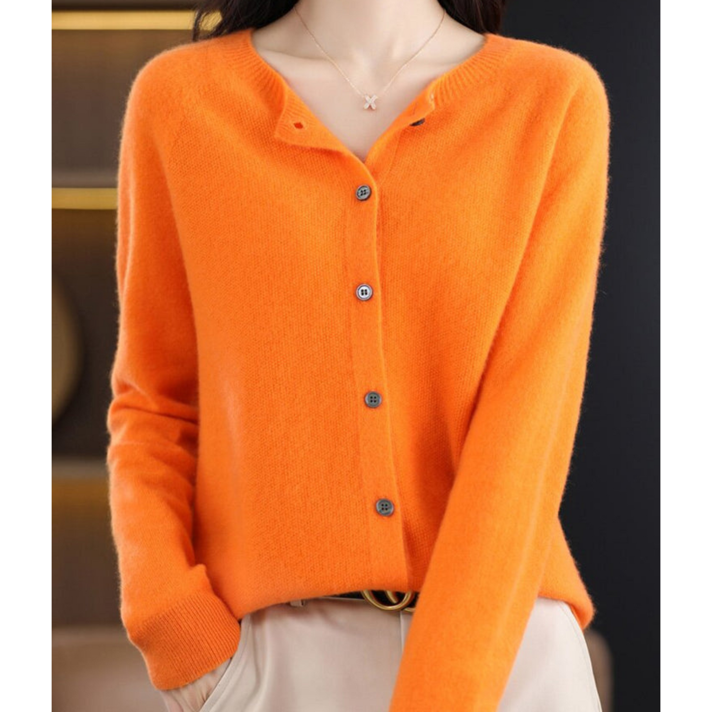 Pure Wool Women's O-neck Cardigan Cashmere Sweater