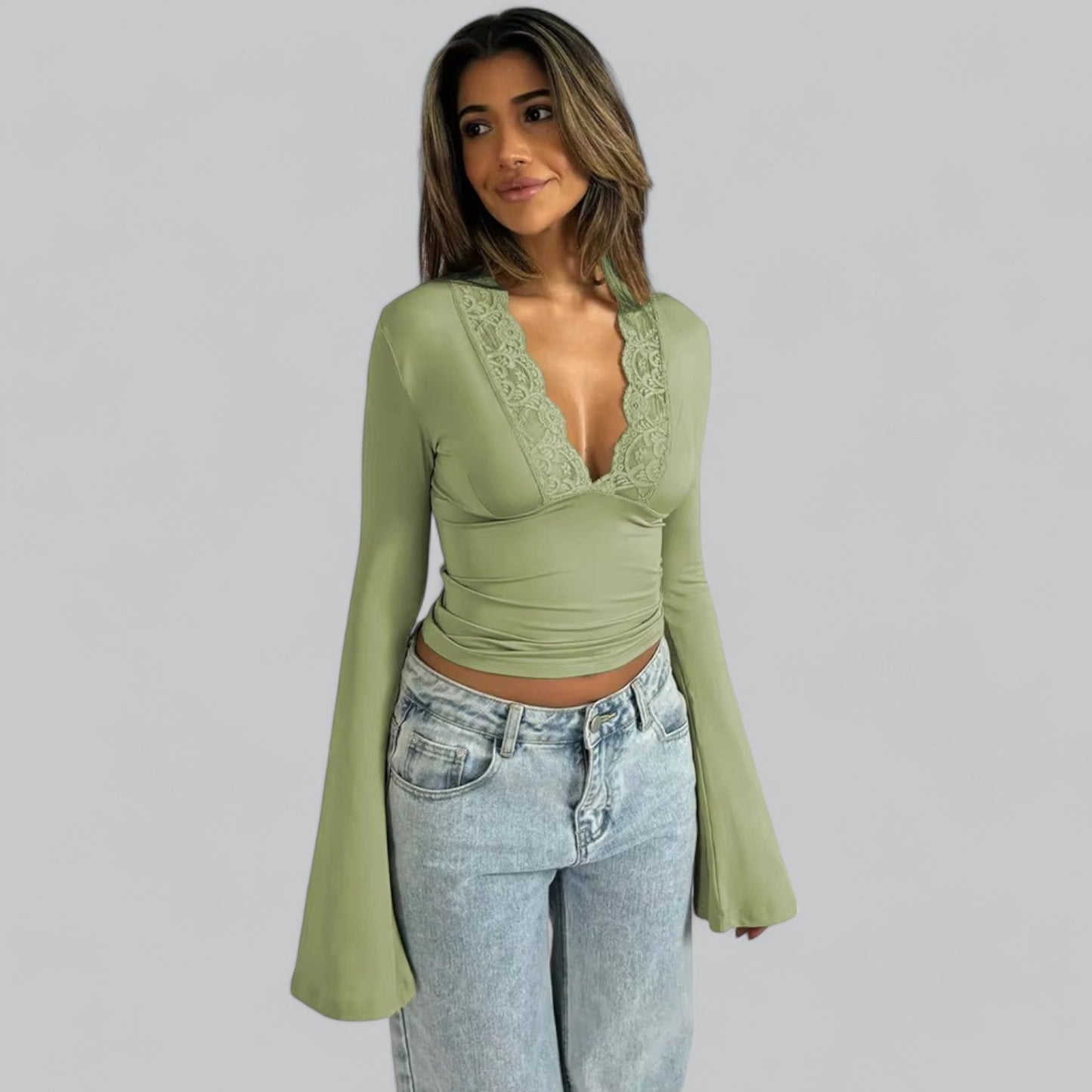 Low-Cut V-Neck Flare Lace Long Sleeve Shirt | Women's Fashion Top, Lightweight, Stylish Design for Everyday Wear