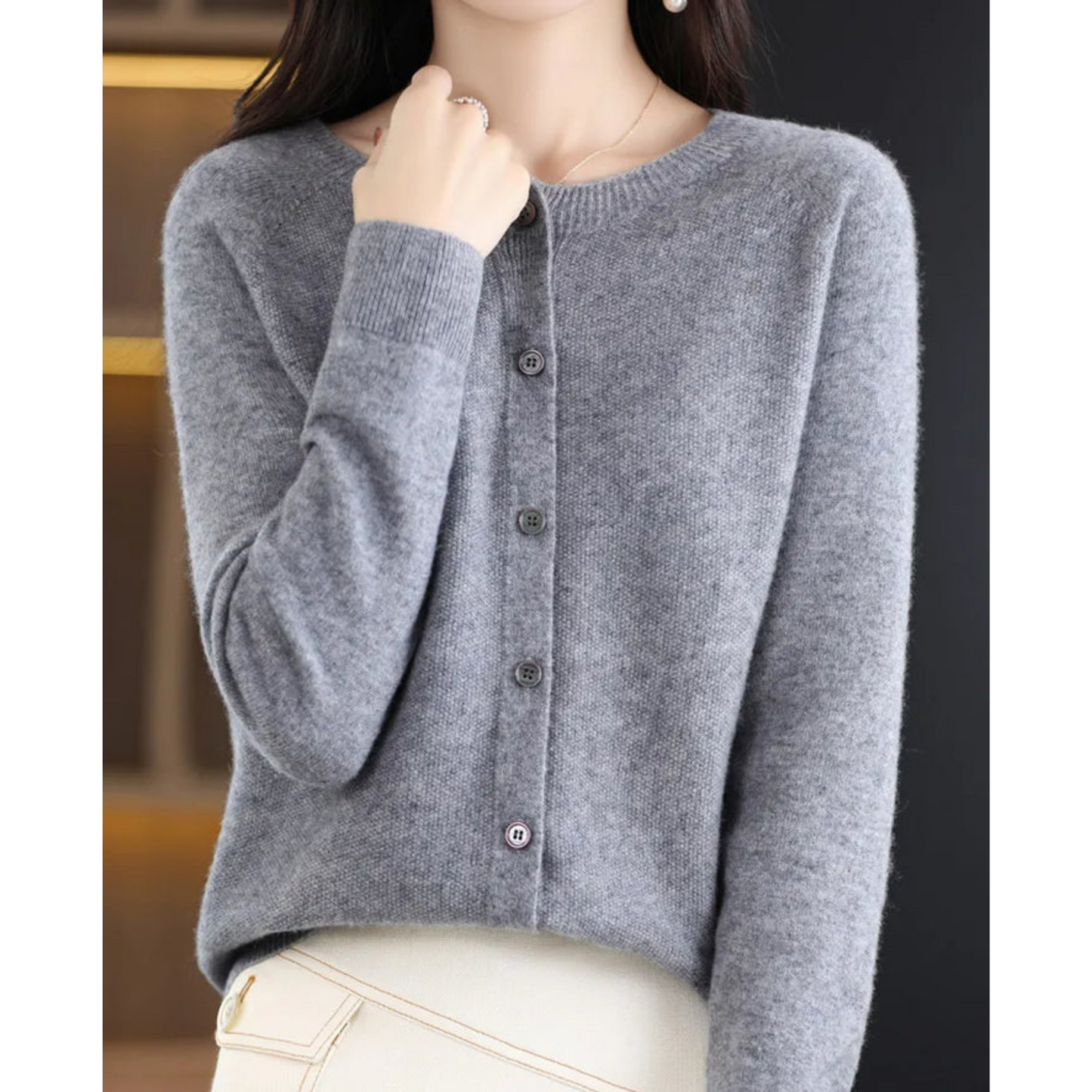 Pure Wool Women's O-neck Cardigan Cashmere Sweater