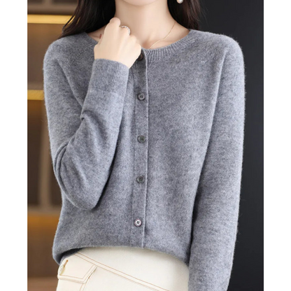Pure Wool Women's O-neck Cardigan Cashmere Sweater