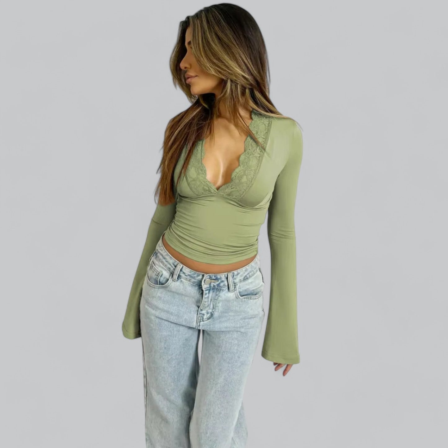 Low-Cut V-Neck Flare Lace Long Sleeve Shirt | Women's Fashion Top, Lightweight, Stylish Design for Everyday Wear