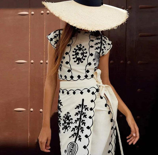 Cotton Belle™ | Women's Two-Piece Cotton Set | Embroidered Crop Top & Wrap Midi Skirt, Comfortable Fit