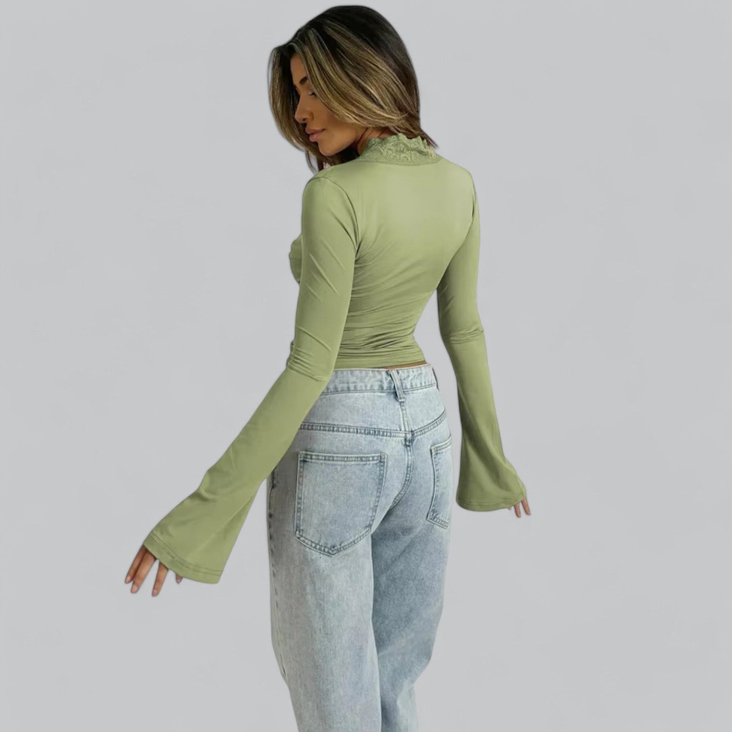 Low-Cut V-Neck Flare Lace Long Sleeve Shirt | Women's Fashion Top, Lightweight, Stylish Design for Everyday Wear