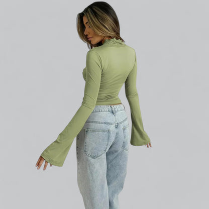 Low-Cut V-Neck Flare Lace Long Sleeve Shirt | Women's Fashion Top, Lightweight, Stylish Design for Everyday Wear