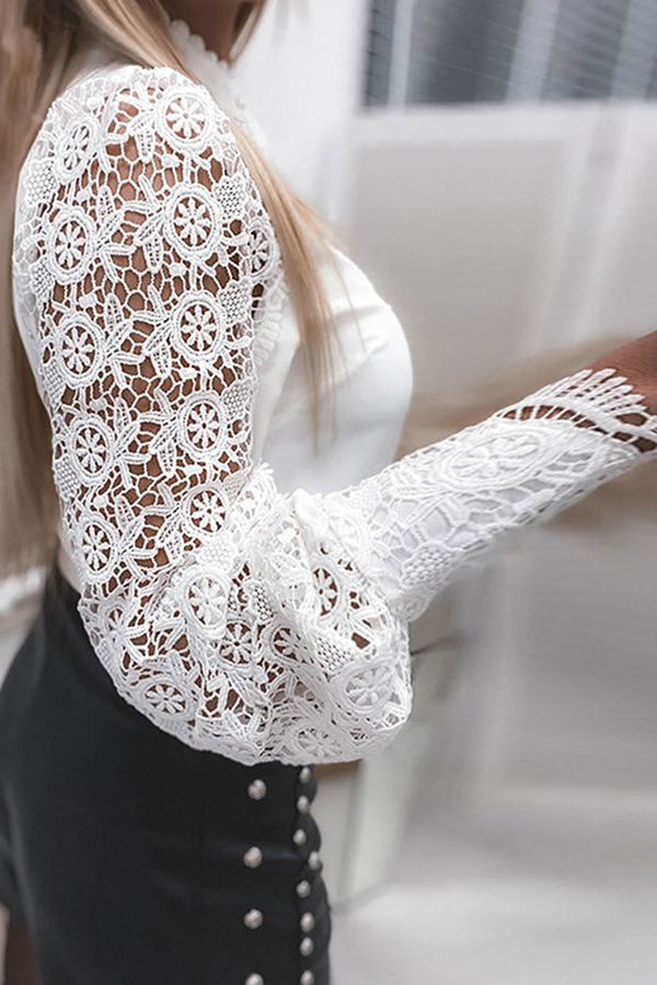 Lace Aura™ | Women's Lace Cut-Out Mandarin Collar Top | Stylish Buckle Detail, Breathable Fabric & Modern Fit