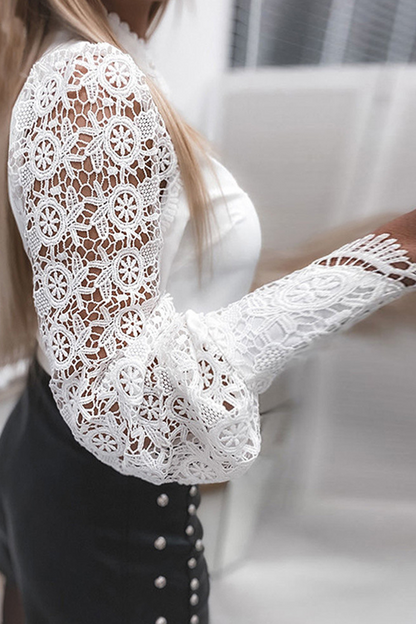 Lace Aura™ | Women's Lace Cut-Out Mandarin Collar Top | Stylish Buckle Detail, Breathable Fabric & Modern Fit