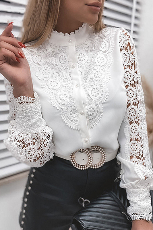 Lace Aura™ | Women's Lace Cut-Out Mandarin Collar Top | Stylish Buckle Detail, Breathable Fabric & Modern Fit