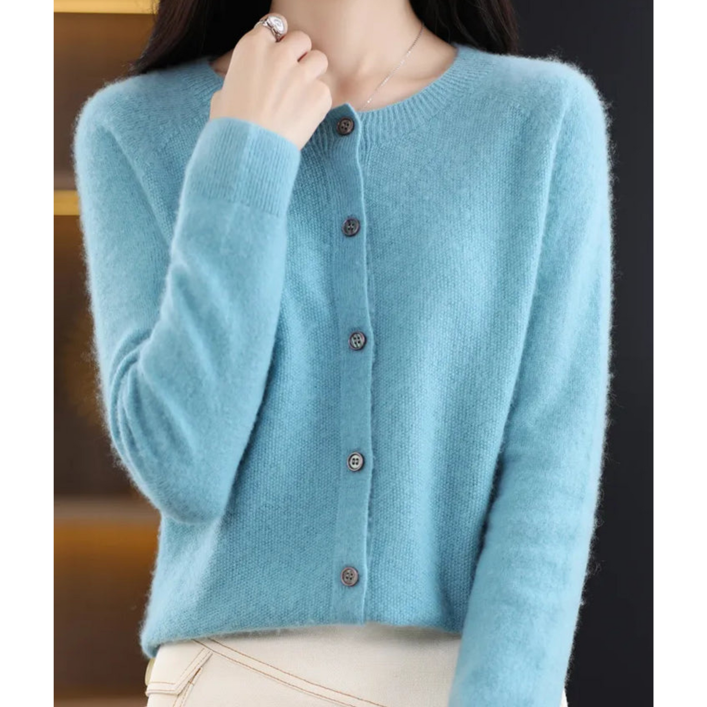 Pure Wool Women's O-neck Cardigan Cashmere Sweater