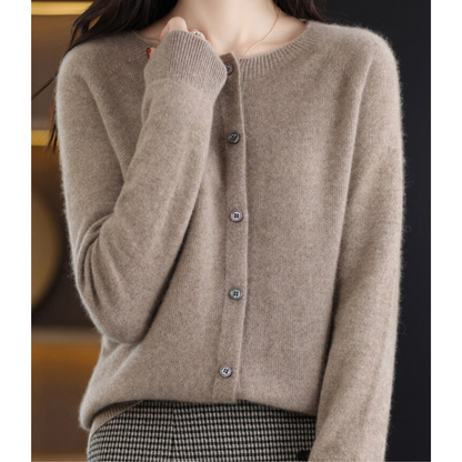 Pure Wool Women's O-neck Cardigan Cashmere Sweater