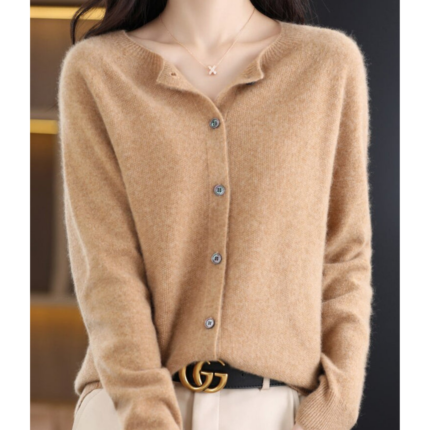 Pure Wool Women's O-neck Cardigan Cashmere Sweater