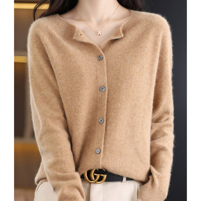 Pure Wool Women's O-neck Cardigan Cashmere Sweater