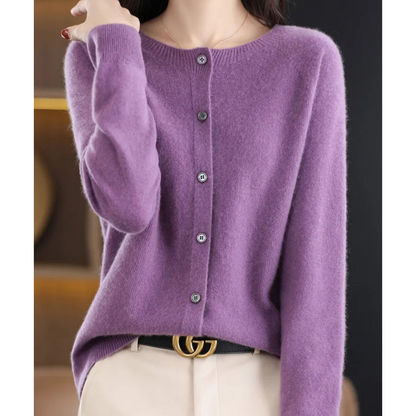 Pure Wool Women's O-neck Cardigan Cashmere Sweater