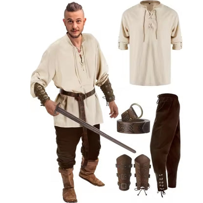 Viking Outfit for Men – Retro Vintage Medieval Renaissance Pants with Waist Belt, Arm Guards, and Shirt