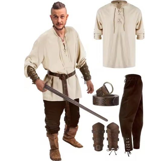 Viking Outfit for Men – Retro Vintage Medieval Renaissance Pants with Waist Belt, Arm Guards, and Shirt