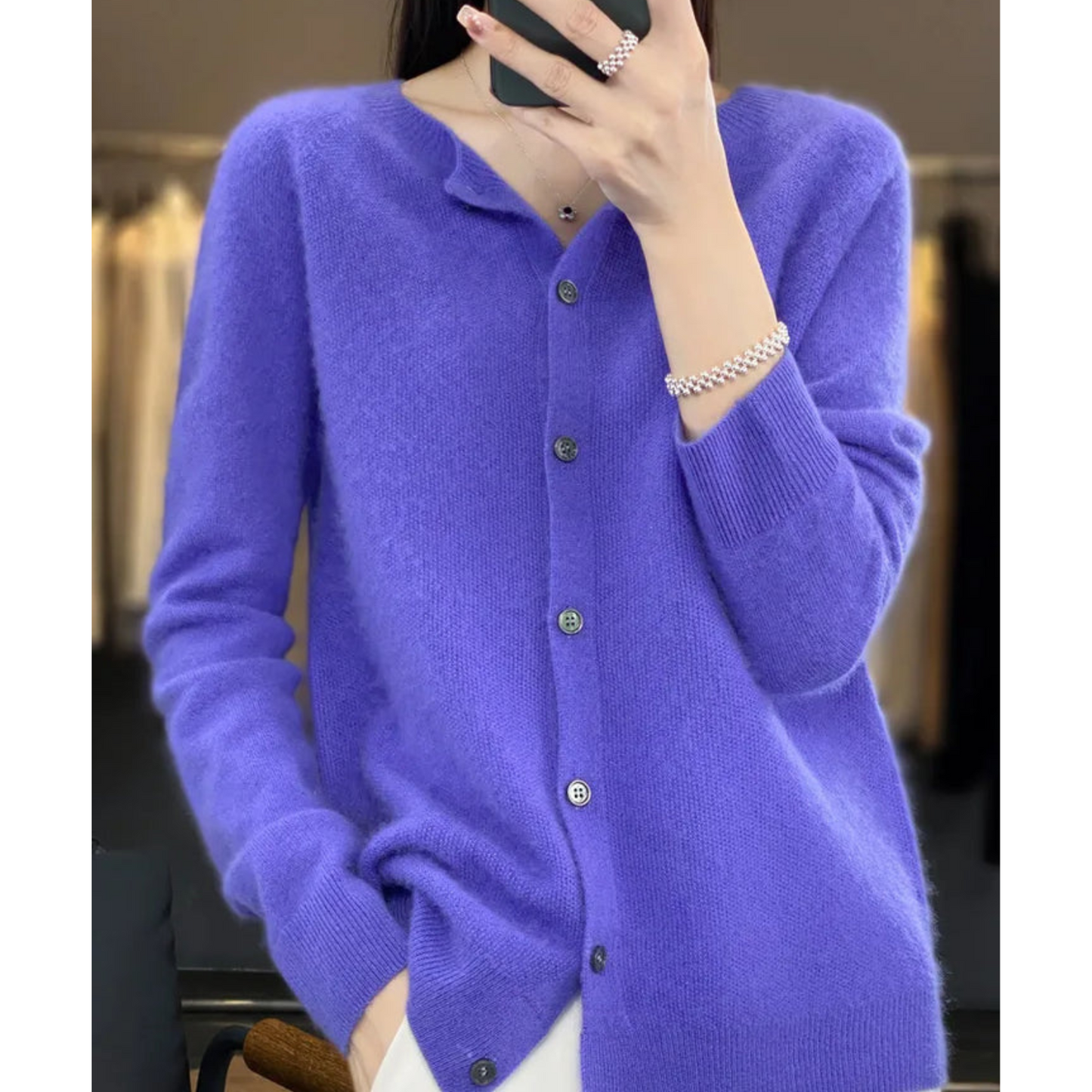 Pure Wool Women's O-neck Cardigan Cashmere Sweater