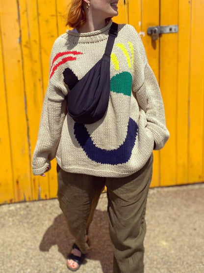 Smiley Knit™ | Women's Colorful Loose Pullover Sweater | Soft Knit Fabric, Fun Smiley Face Design, Relaxed Fit