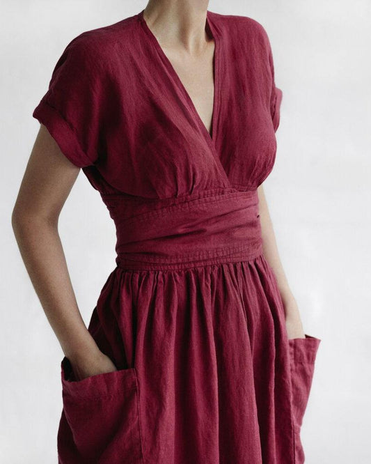 Linen Belle™ | Women's Wrap Dress | Soft Linen-Cotton Blend, Adjustable Tie Waist & Flattering Silhouette