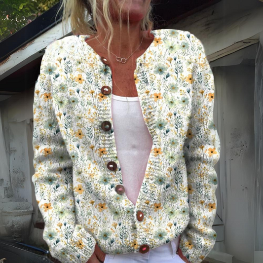Floral Cardigan Women's Knitted Sweater with Button Details in Cotton - Ideal for Spring and Autumn Wear