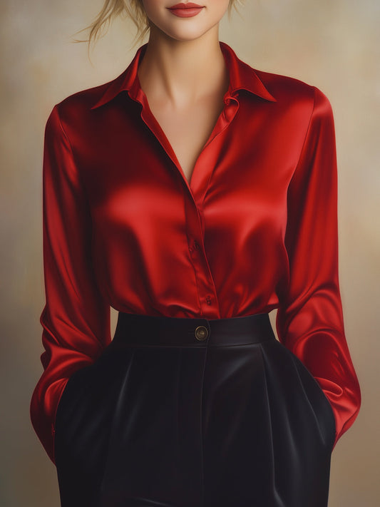 Ladies' Long-Sleeved Satin Blouse - Stylish Top in Various Colours and Sizes