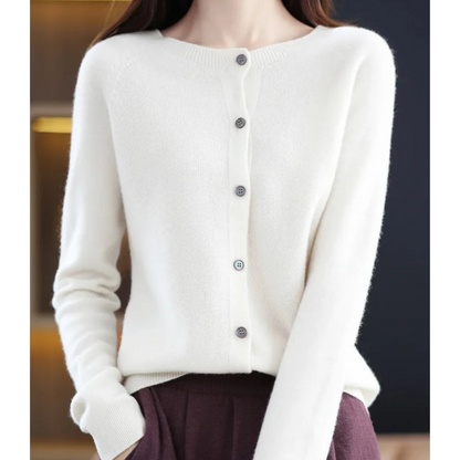 Pure Wool Women's O-neck Cardigan Cashmere Sweater
