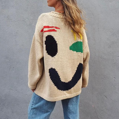 Smiley Knit™ | Women's Colorful Loose Pullover Sweater | Soft Knit Fabric, Fun Smiley Face Design, Relaxed Fit