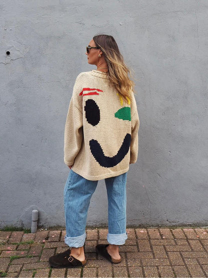 Smiley Knit™ | Women's Colorful Loose Pullover Sweater | Soft Knit Fabric, Fun Smiley Face Design, Relaxed Fit