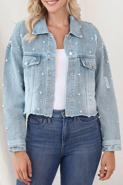 Denim Lira™ | Women's Denim Jacket | Raw Hem, Pearl Trim, Stylish Casual Wear