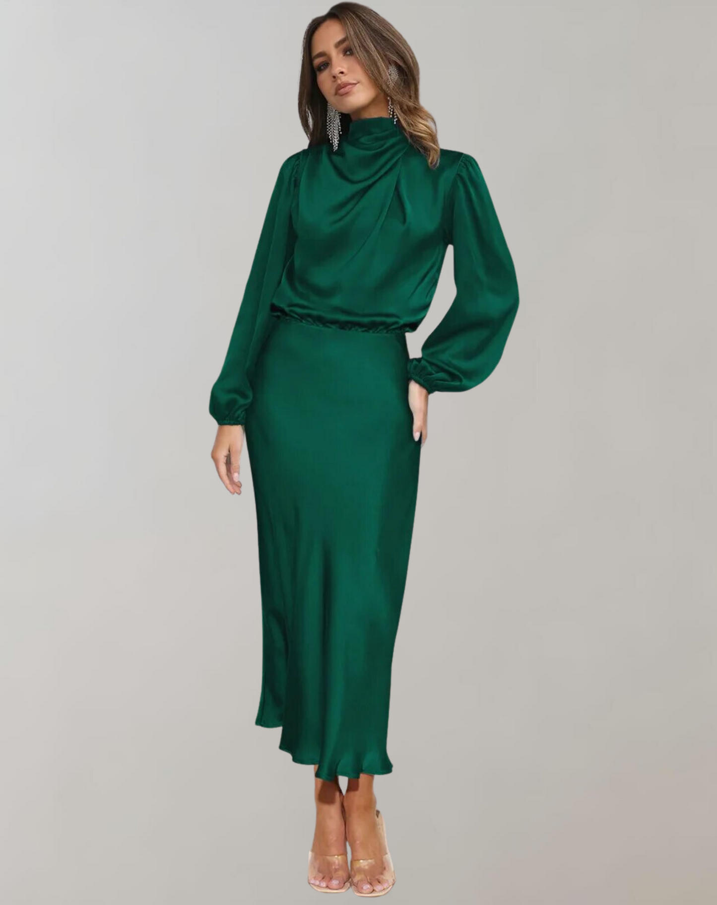Selviera | Womens Satin Midi Dress with Long Sleeves in Teal, Emerald or Black – Modest Formal Outfit