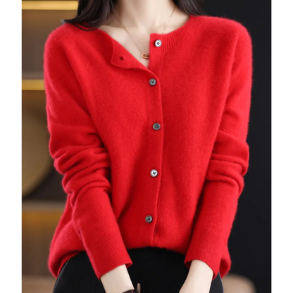 Pure Wool Women's O-neck Cardigan Cashmere Sweater