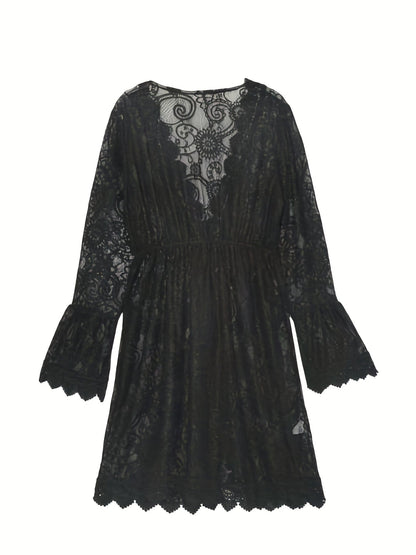 Lace Vespera™ | Women's Lace V-Neck Midi Dress | Summer Knit, Slit Hem & Long Sleeves for Beachwear