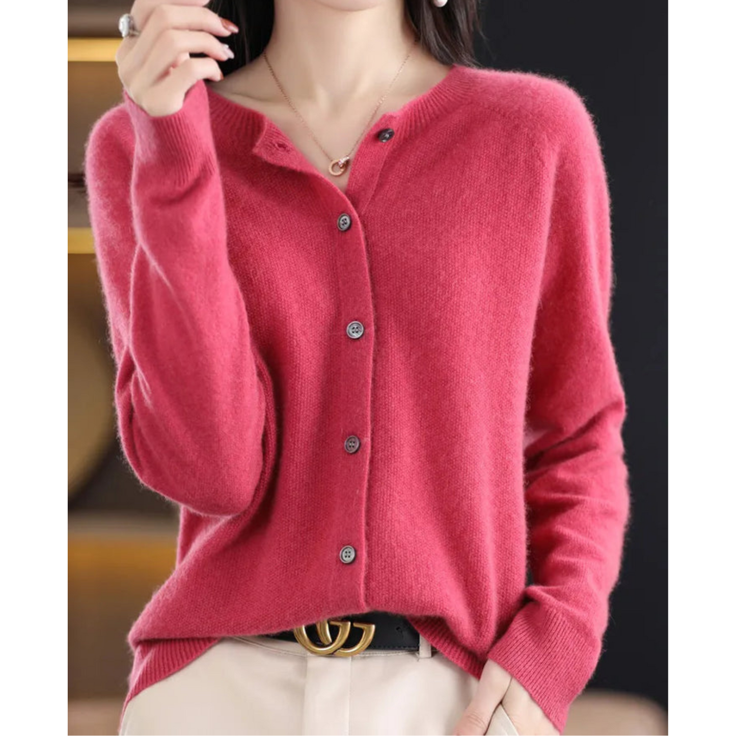 Pure Wool Women's O-neck Cardigan Cashmere Sweater