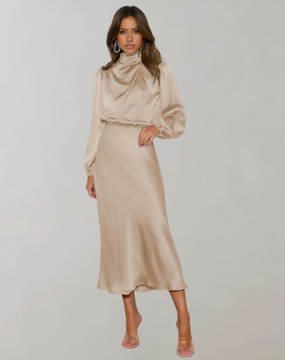 Selviera | Womens Satin Midi Dress with Long Sleeves in Teal, Emerald or Black – Modest Formal Outfit