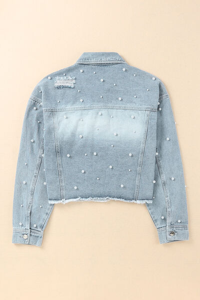 Denim Lira™ | Women's Denim Jacket | Raw Hem, Pearl Trim, Stylish Casual Wear