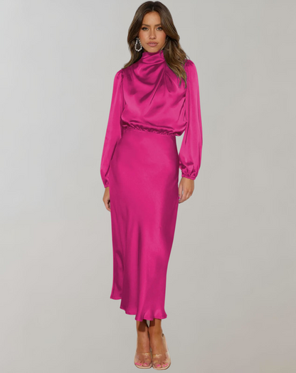Selviera | Womens Satin Midi Dress with Long Sleeves in Teal, Emerald or Black – Modest Formal Outfit