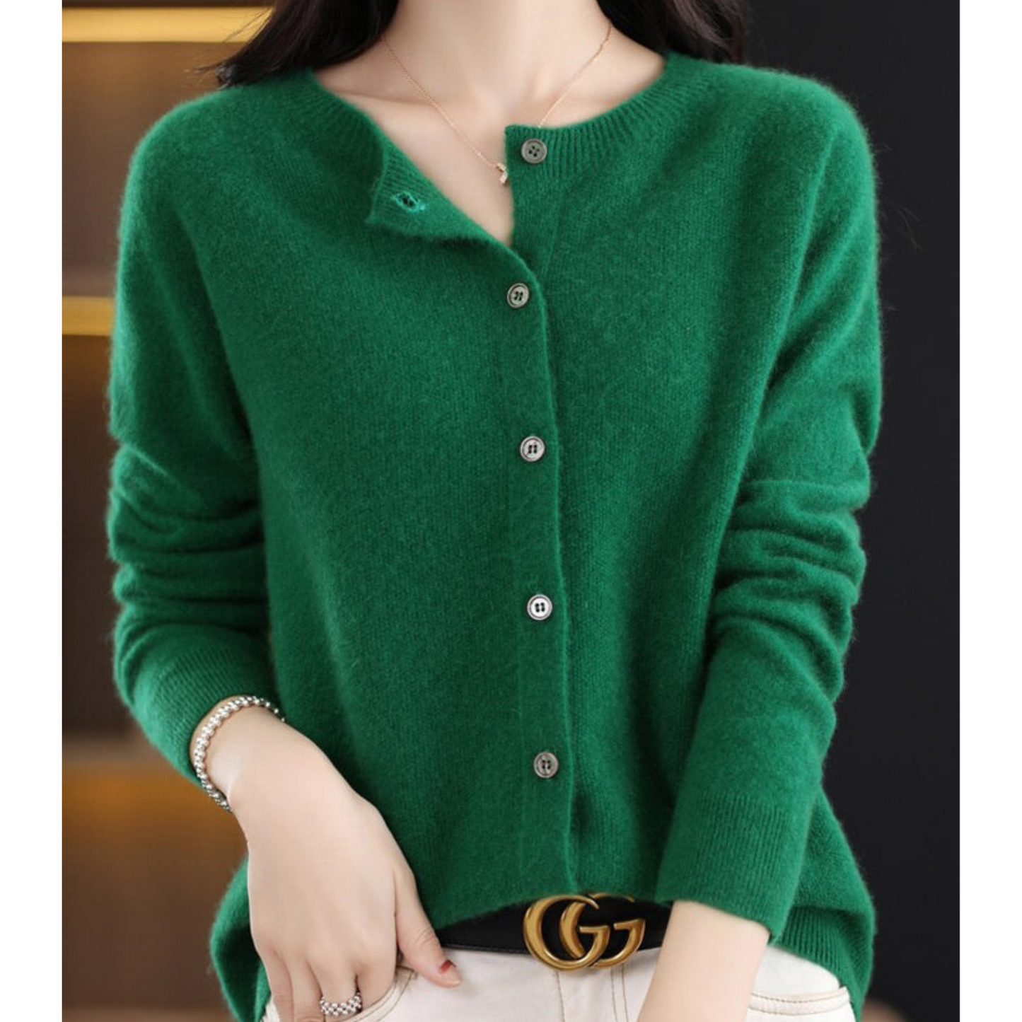 Pure Wool Women's O-neck Cardigan Cashmere Sweater