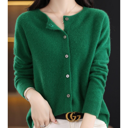 Pure Wool Women's O-neck Cardigan Cashmere Sweater