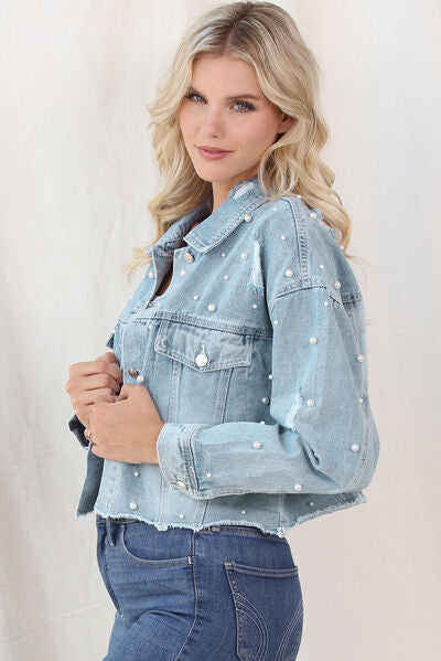 Denim Lira™ | Women's Denim Jacket | Raw Hem, Pearl Trim, Stylish Casual Wear
