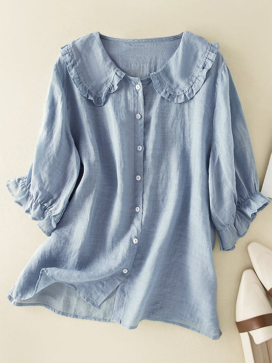 LinenLuxe™ | Women's Cotton Linen Ruffle Neck Shirt | Loose Fit, Peter Pan Collar, Breathable Fabric